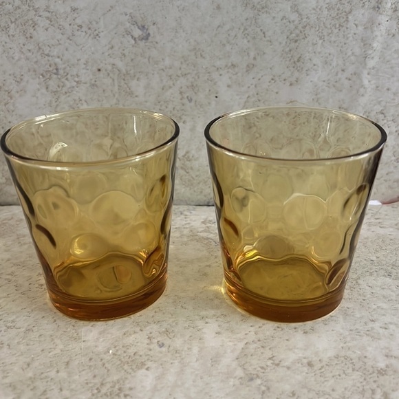 Hazel Atlas Optic Dot Amber Lowball Glasses Pair MCM - Picture 3 of 7